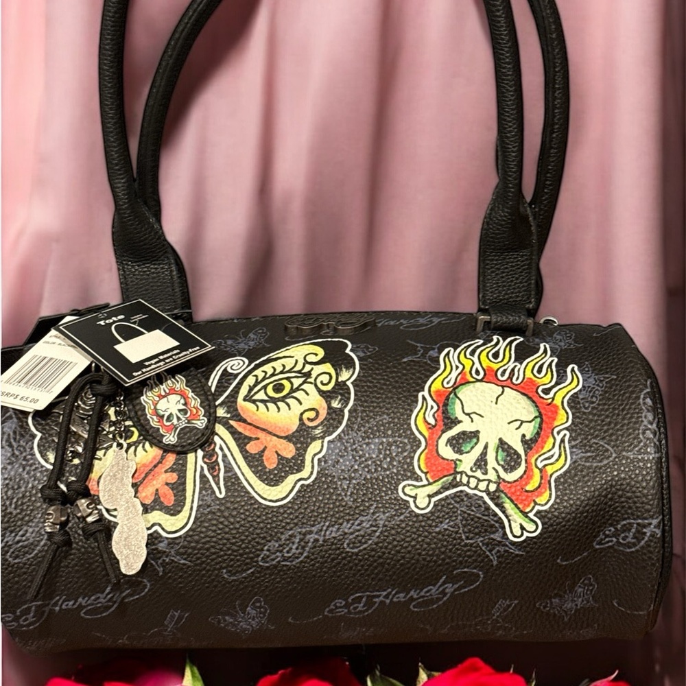 Ed Hardy Black Multicolor Graphic Barrel Shoulder Bag NWT - Picture 5 of 10